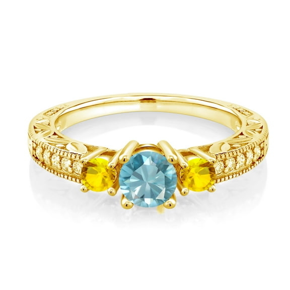 Gem Stone King 1.25 Ct Round Blue Zircon Yellow Sapphire 18K Yellow Gold Plated Silver Ring (Size 5)