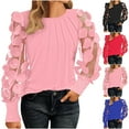 thumbnail image 1 of Tops bonitos para mujer,Camiseta de cuello redondo para mujer, mangas de malla con pliegues en el pecho, 95 % poliéster, 5 % elastano, top informal de manga larga para uso diario, sopatenor, 1 of 9