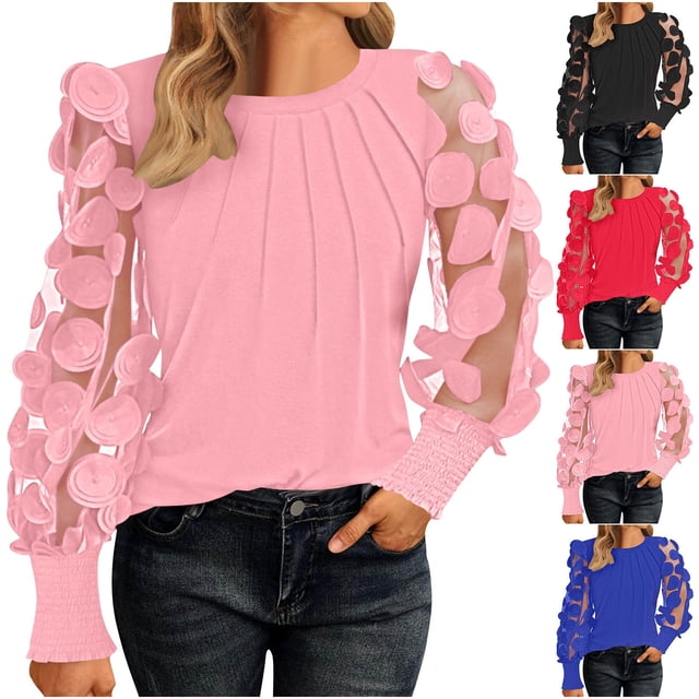 Tops bonitos para mujer,Camiseta de cuello redondo para mujer, mangas de malla con pliegues en el pecho, 95 % poliéster, 5 % elastano, top informal de manga larga para uso diario, sopatenor