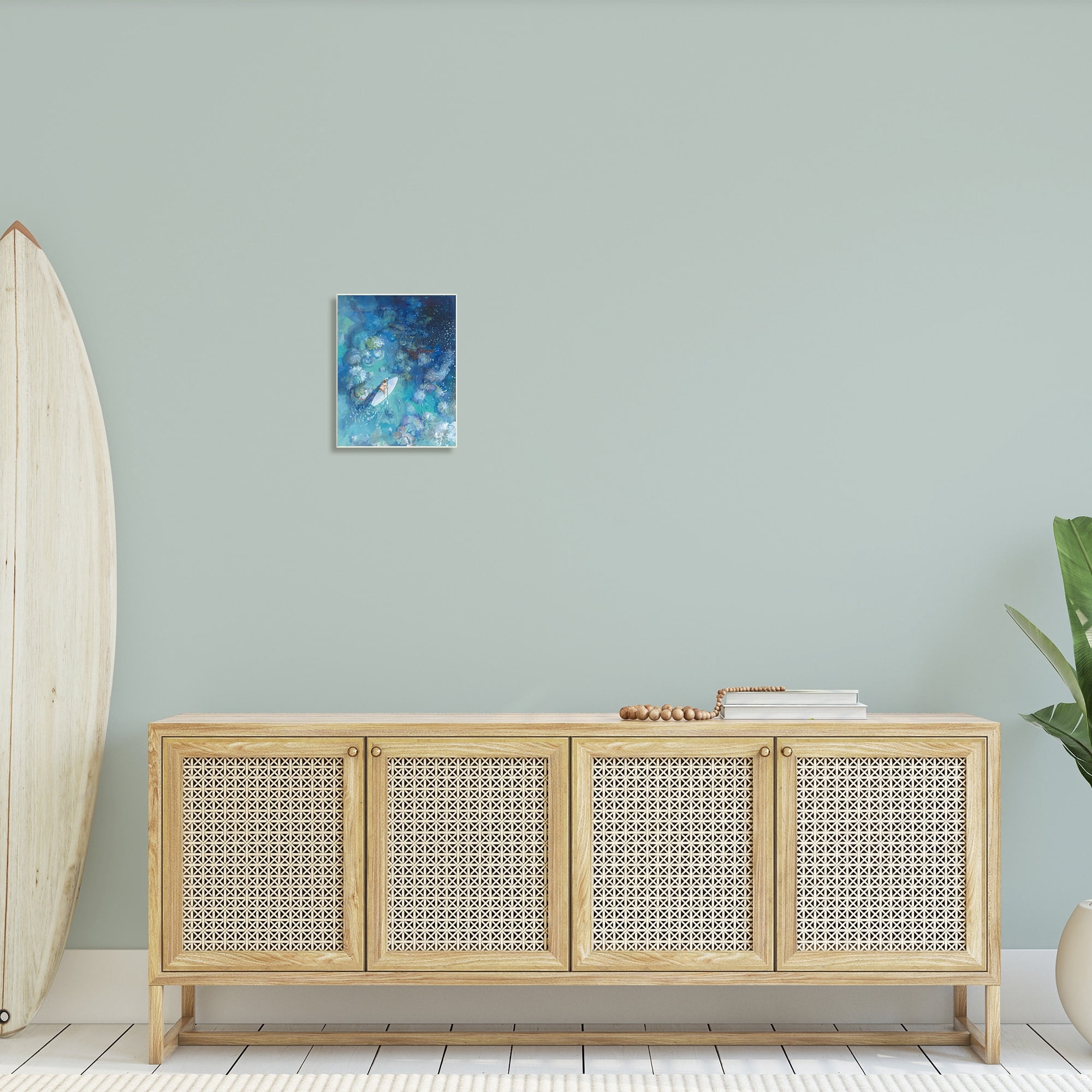 Stupell Industries Paddle Board Ocean Reef Tropical Scene Female Surfer, 10 x 15,Design by Danhui Nai