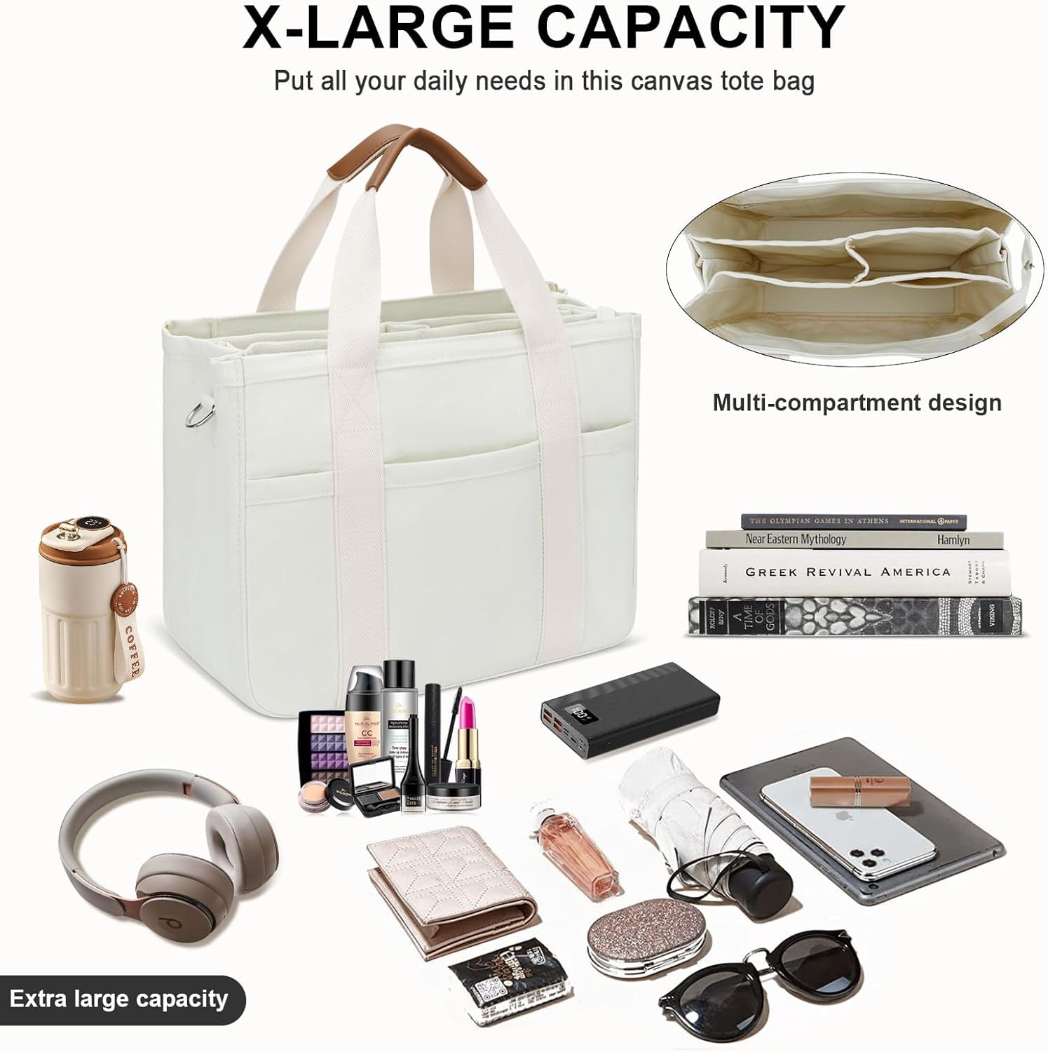 CNV Canvas Tote Bag for Women with Zipper and Compartments Crossbody Large Bible Messenger Purse Bag With Pockets