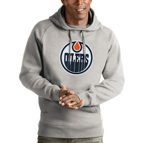 Men's Antigua Heathered Gray Edmonton Oilers Logo Victory Pullover Hoodie