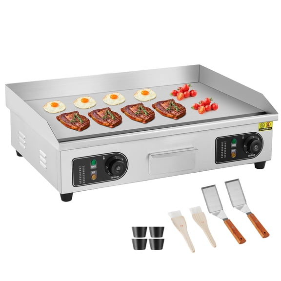 KFFKFF 26" Commercial Electric Griddle 2800W, Adjustable Temperature from 122℉ to 572℉, Stainless Steel Flat Top Grill, 25.98" x 15.75" x 0.39", Includes 2 Shovels and 2 Brushes