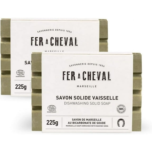 Fer à Cheval Dishwashing Solid Soap | Pristine Marseille Soap Formula with Baking Soda | 100% Natural Dish Soap Bar | French-Origin, Palm-Coconut Oil Free | ECOCERT Certified | 225g, 2 Pack