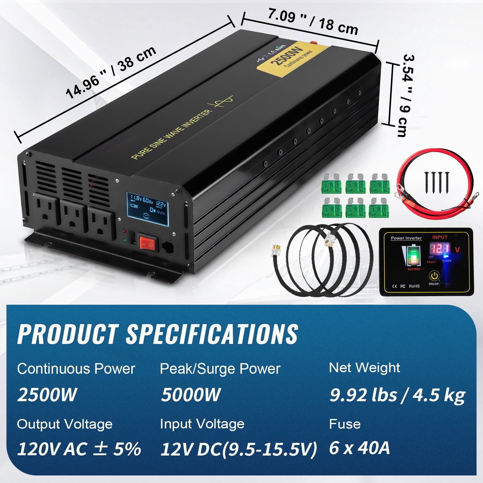 BENTISM Pure Sine Wave Inverter Power Inverter 2500W DC12V to AC120V Inverter LCD