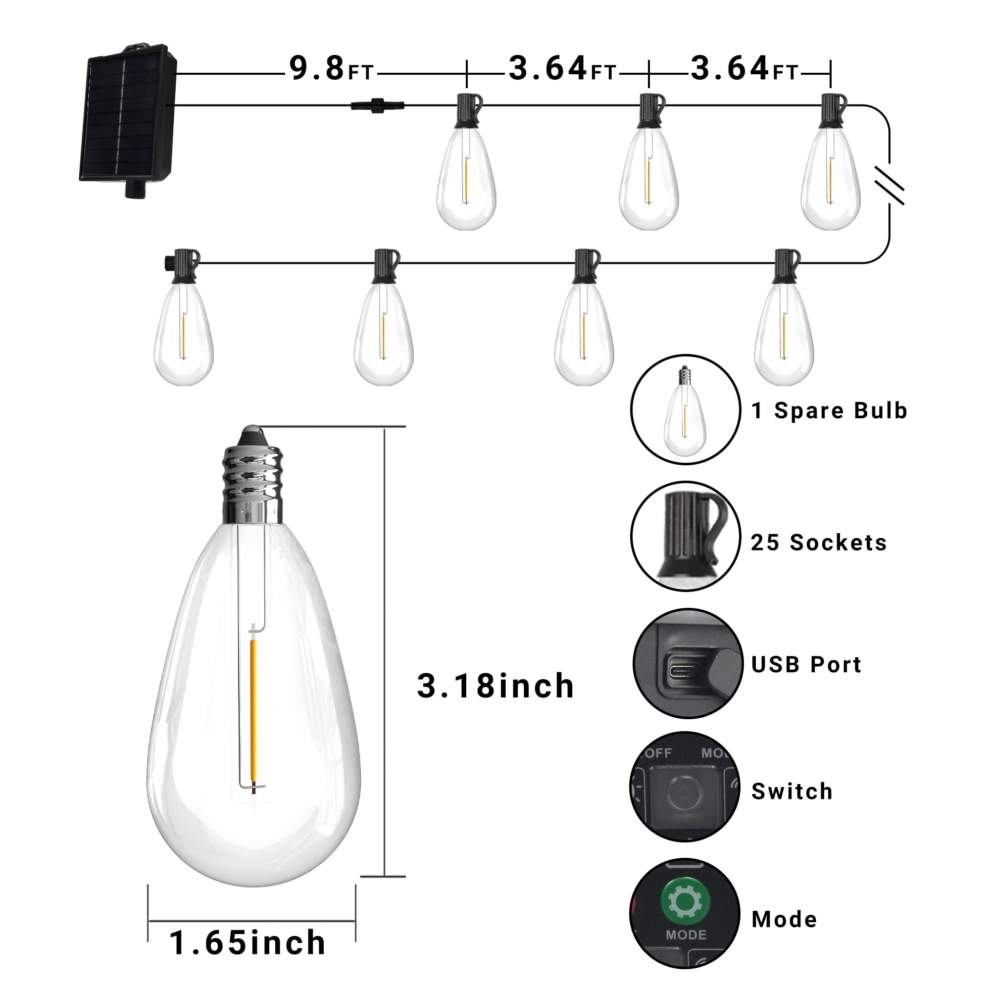 BUGHUT 100FT Solar String Lights Waterproof,Patio Lights Solar Powered with Remote & USB Port 25+1 LED Shatterproof Bulbs 11 Light Modes,Dimmable Solar Lights for Christmas,Backyard,Garden