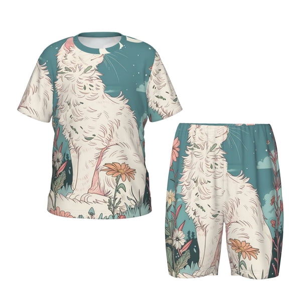Fotbe Celestial Cat And Flowers Pijama Estampada de 2 Piezas para Niños – Ropa de Dormir de Manga Corta Cómoda para Niños y Niñas, Camiseta y Shorts de Algodón-4X-Large