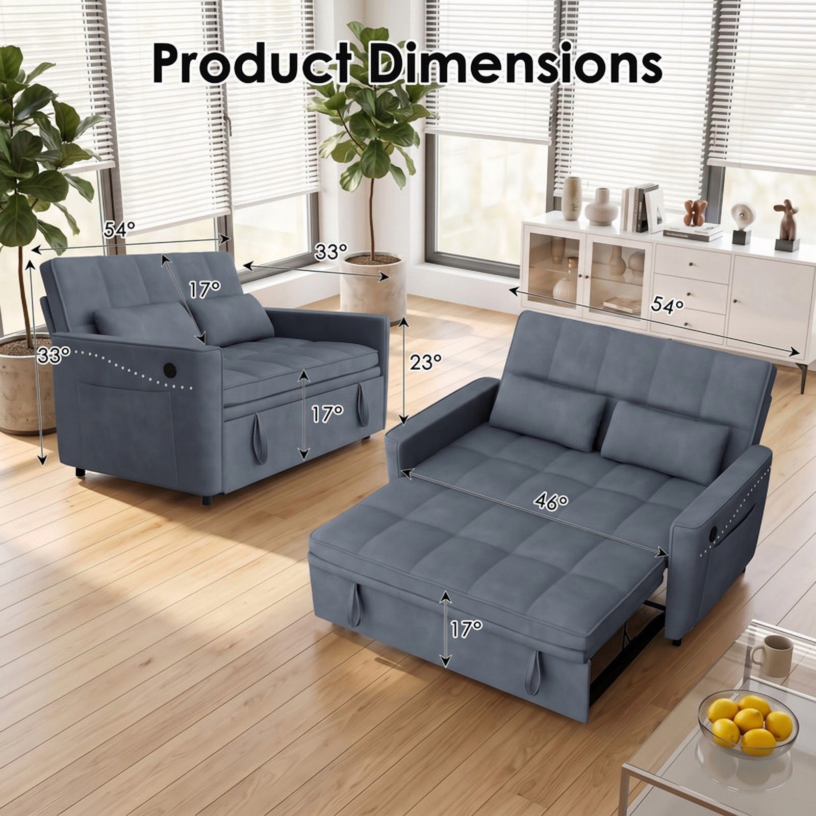 Anpport 54" 3‑in‑1 Convertible Sofa Bed, Sleeper Couch with USB Charging Port, Nailhead Trim & Throw Pillows, Loveseat for Living Room Apartment Small Space, Dark Grey