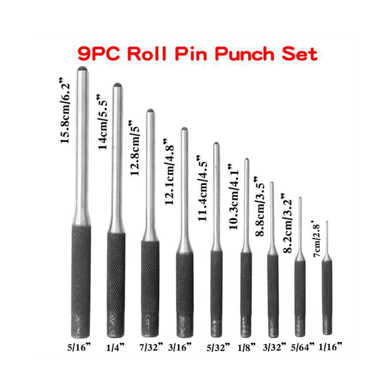 9-Piece Roll Pin Punch Set – 1/16" To 5/16" – Hardened Steel With Rubber Grip