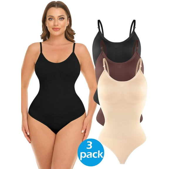 MANIFIQUE 3 Packs Women's Shapewear Bodysuit Tummy Control Body Shaper Waist Snatching Body Suit Thong