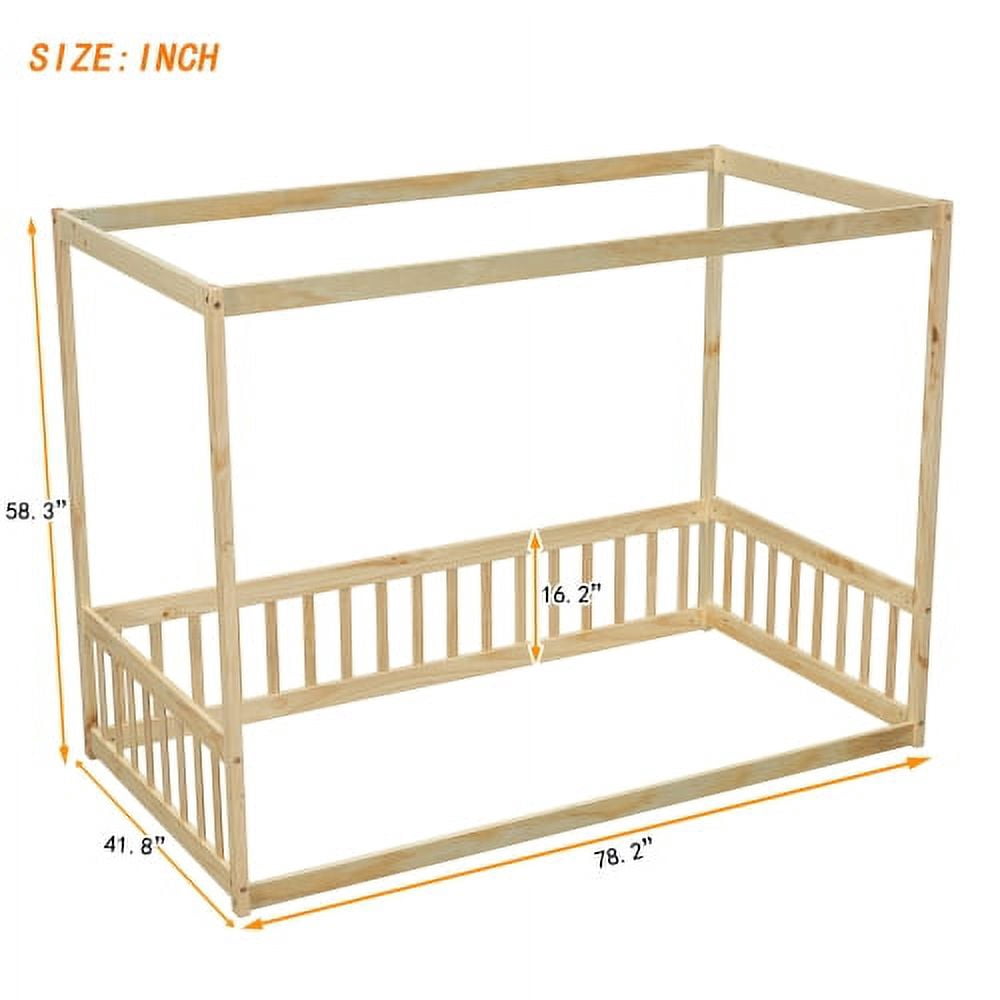 Yoneston Twin Size Canopy Frame Floor Bed Frame with Guardrails, Montessori Floor Bed with Fence for Kids Girls Boys Bedroom Furniture, Natural