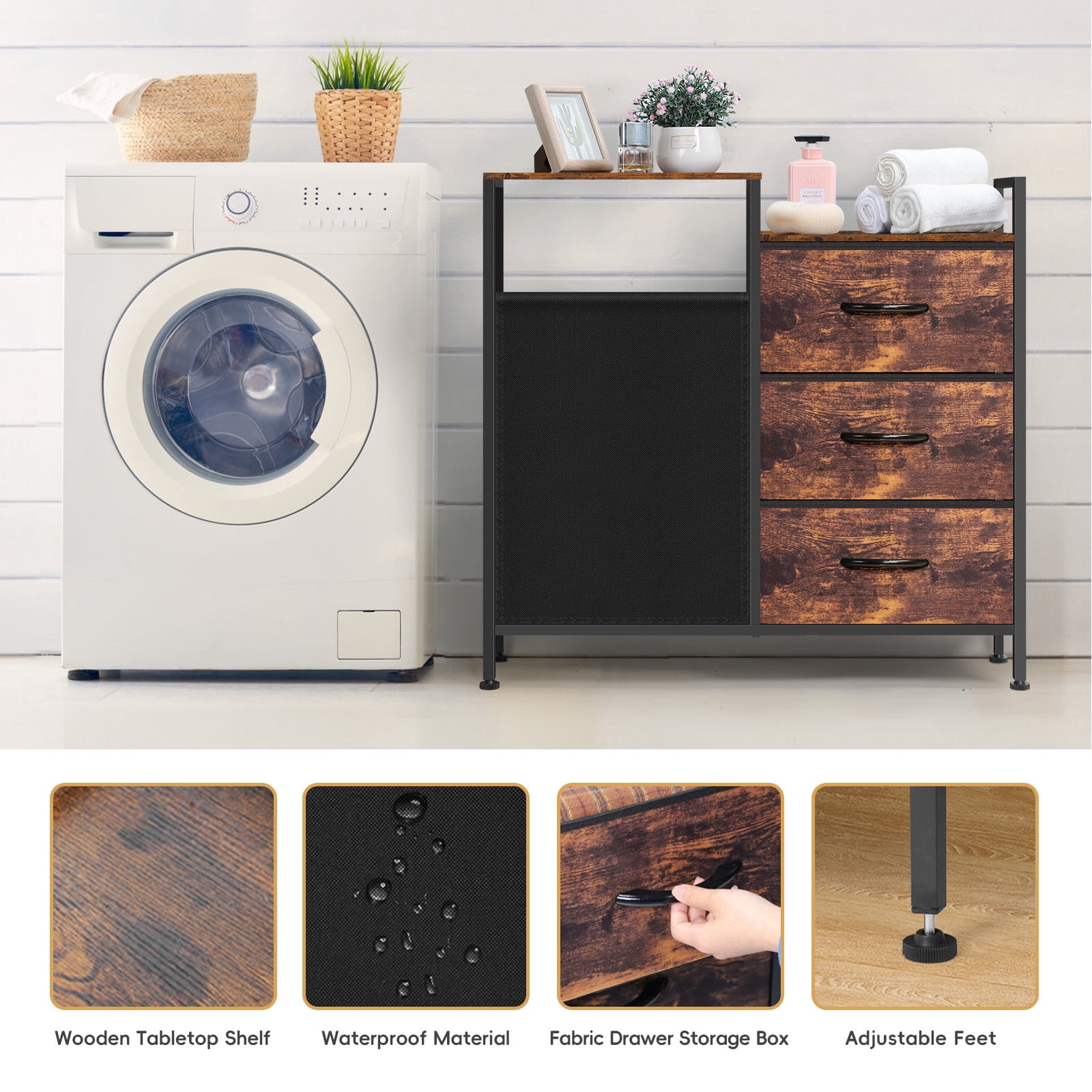 Multifunctional Laundry Hamper Cabinet with 3 Drawers, 60L Large Capacity Laundry Bag, Rustic Brown and Black Laundry Storage Unit for Laundry Room, Bedroom