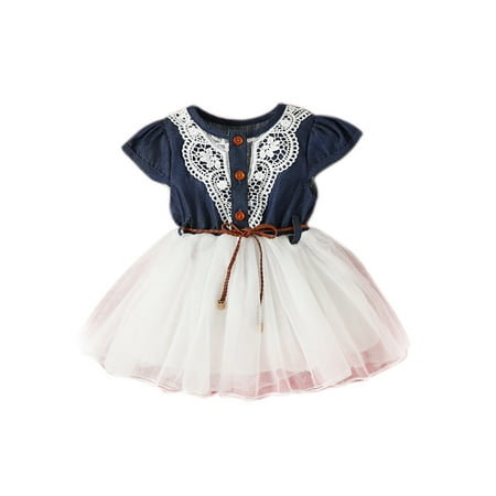 

Ma&Baby Toddler Baby Girls Summer A-line Dress Short Sleeve O Neck Lace Floral Tulle Patchwork Dress with Belt