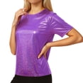 thumbnail image 3 of Rhuody Women's Tops Shiny Glossy Solid Color Turtleneck Short Sleeve Tee Shirt T Shirt Retro Wear Purple S, 3 of 9