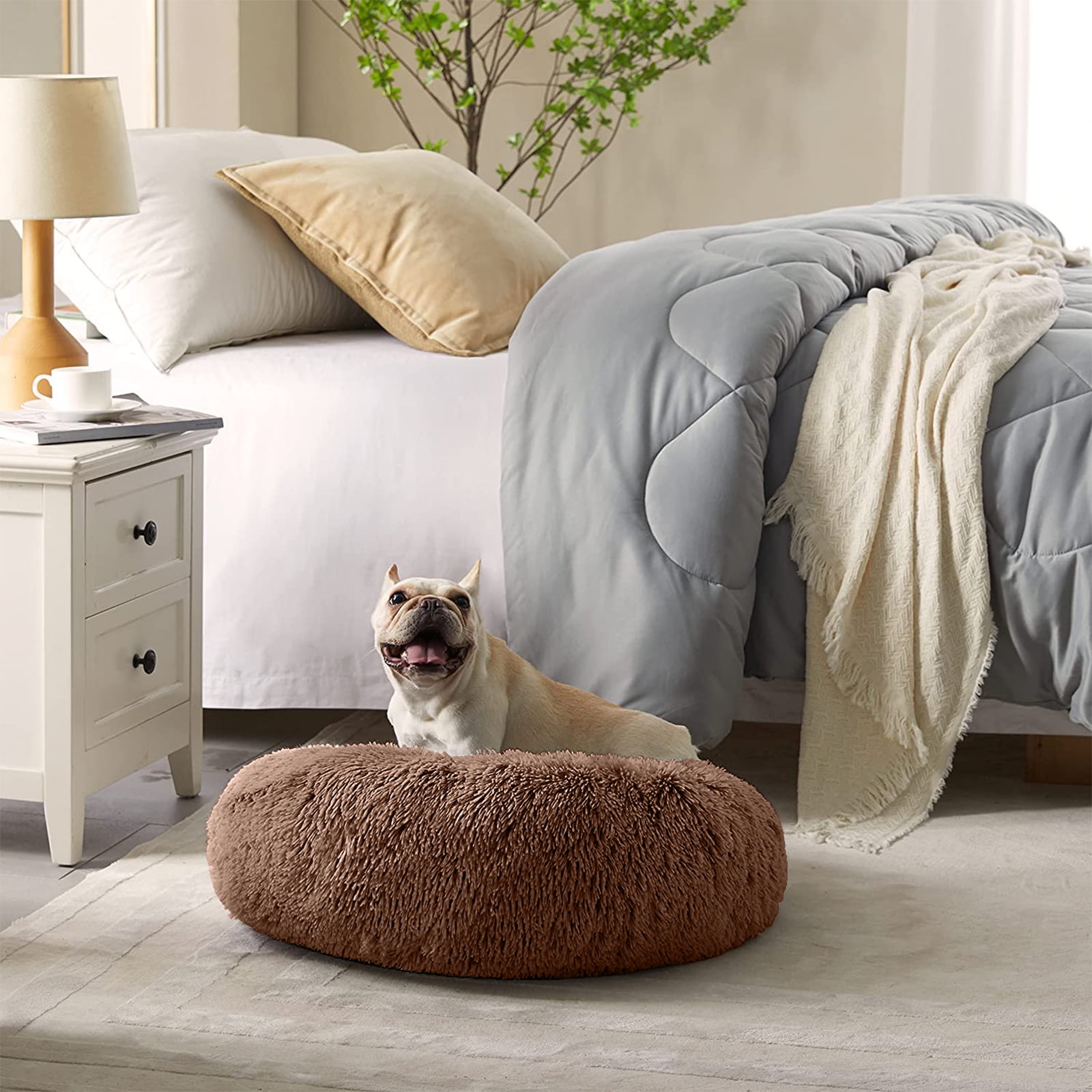 Nisrada Calming Donut Dog Bed Anti-Anxiety, Self Warming, Cozy Soft Plush Round Pet Bed, Ideal for Both Home & Travel, 20"L x 20"W x 8"H