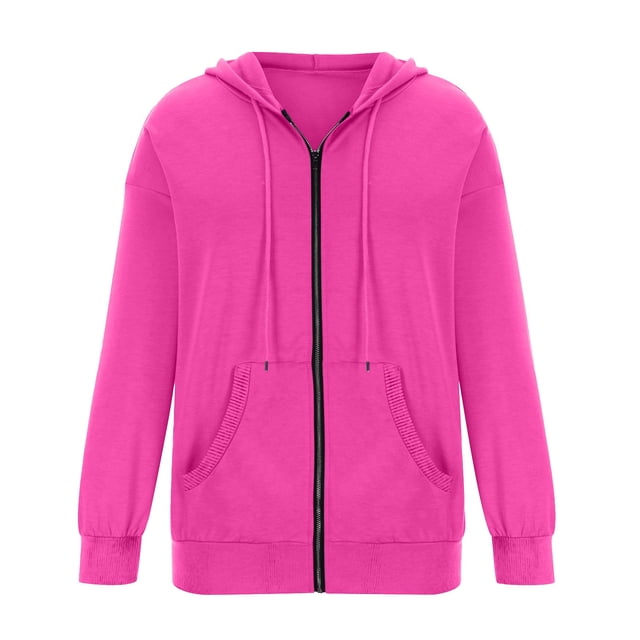 Pocket Long Sleeve Hooded Threaded Sweater Ladies Zipper Top