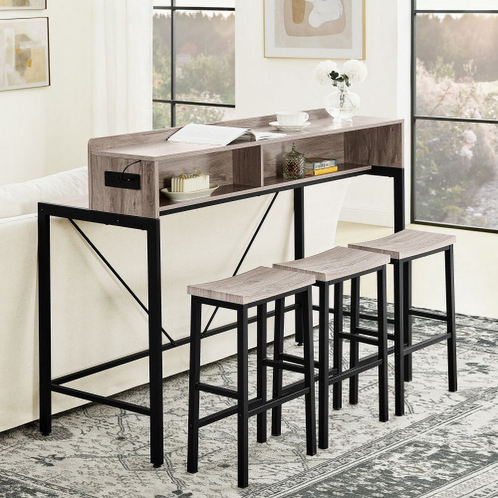 4 Piece Bar Table Set with Power Outlet and LED Light, Counter Height Table with 3 Stools,Industrial Style Console Table Set for Living Room, Dining Room, Game Room,Gray