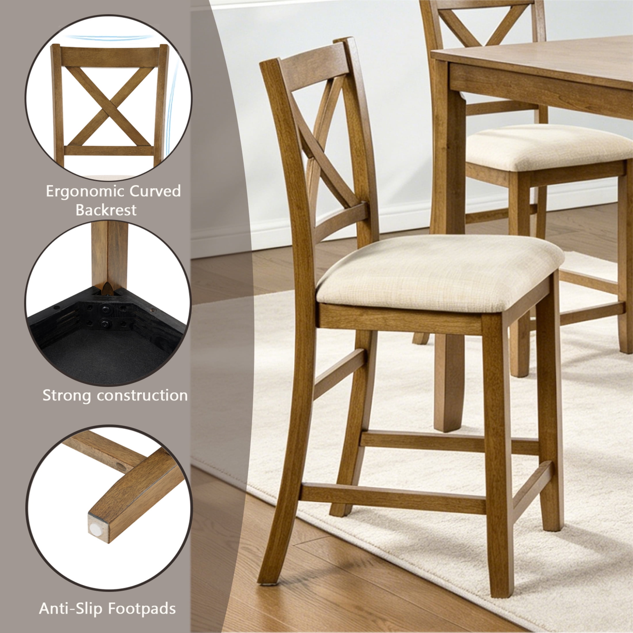 Noble House 5-Piece Counter Height Dining Set, Square Wooden Table with X-Back Chairs for Small Spaces, Natural Oak