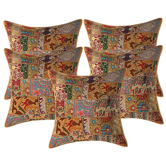 Stylo Culture Indian Decorative Throw Pillow Covers 24 x 24 Big Vintage Patchwork Floral Khaki Bohemian 60 x 60 cm Home Decor Cotton Abstract Square Cushion Covers | Set Of 5