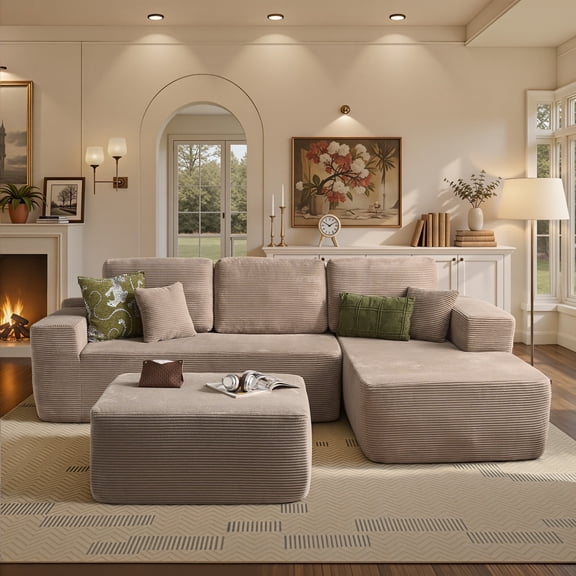 Ovios 106" Cloud Sofa Couch No Assembly Boneless Deep Seat Sofa with Ottoman for Living Room, Camel(Corduroy)