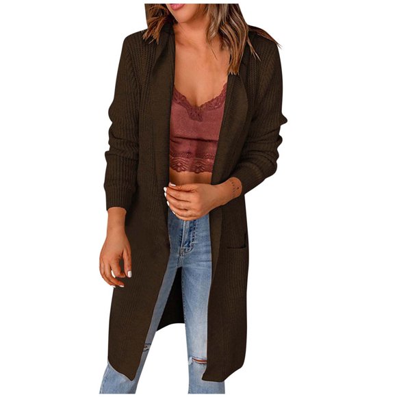 Mrat Cardigan Manteau Femme Chaud Pelucheux Mode Haut Cardigan Poche Moyen et Long Manteau Manches Longues Manteau Femme Décontracté