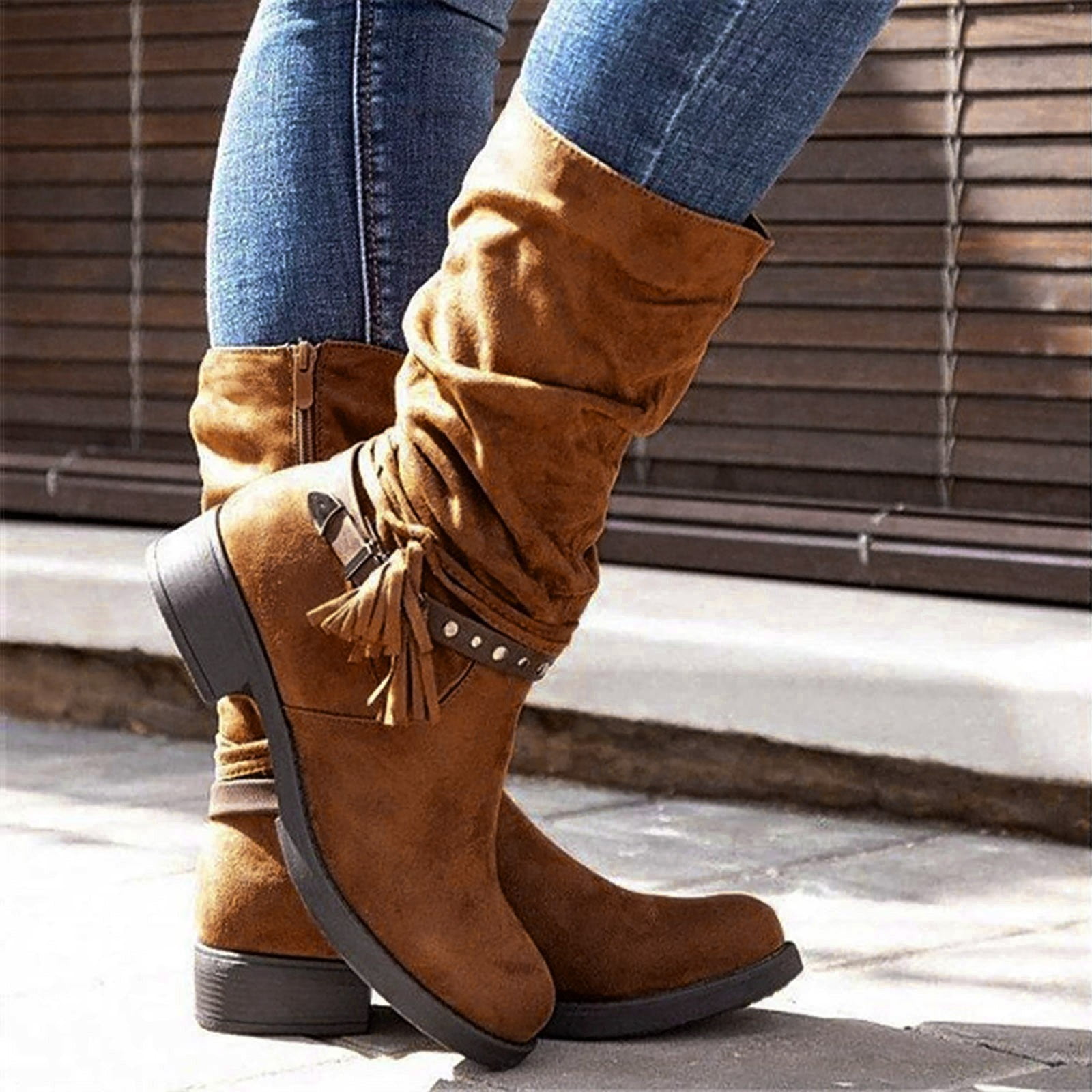 YOUSNH Ladies Winter New Solid Color Mid Calf Boots Large Size
