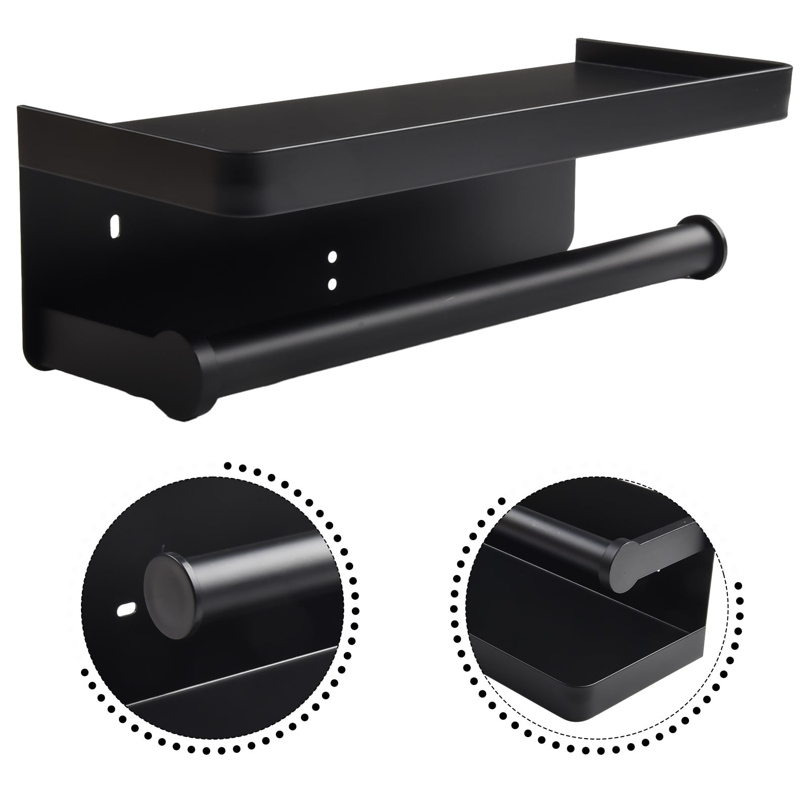 Paper Towel Holder Wall Mounted for Kitchen 11", Bathroom Tissue Roll Hanger with Storage Shelf, Adhesive Hand Towel Holder, Matte Black