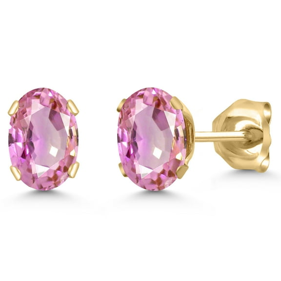 Gem Stone King 18K Yellow Gold Plated Silver Pink Sapphire Stud Earrings for Women Men | 1.10 Cttw | Gemstone September Birthstone | Oval 6X4MM