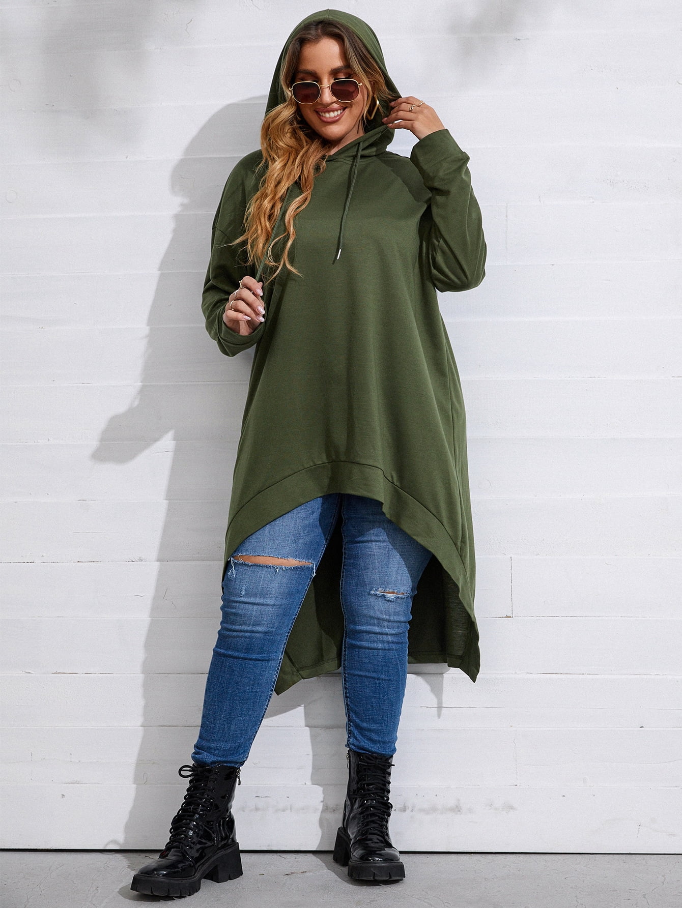 Men High Low Hem Drawstring Hoodie 