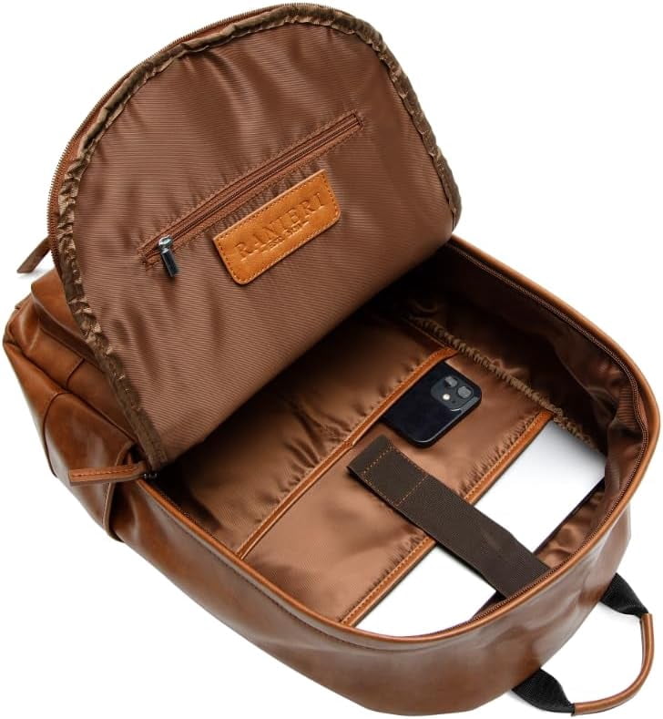 Leather Backpack - Ranieri Vintage Vegan PU Stylish 13-inch Laptop Bag for College, Travel, and Hiking - Durable Rucksack Daypack with Shoulder Straps - Unisex Design - Spacious, Brown
