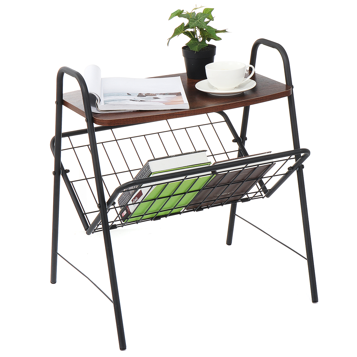 2 Tier Industrial End Tables with Metal Frame Storage Rectangular