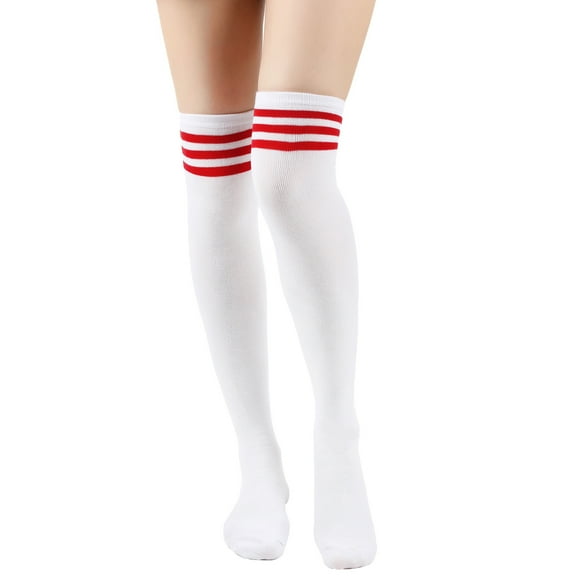 ERDOUY 3 Pairs One Size Fits Most (24in) White & red Striped Polyester Knee High Socks, Warm Fall Socks for Cheerleading Team & Outfit Matching