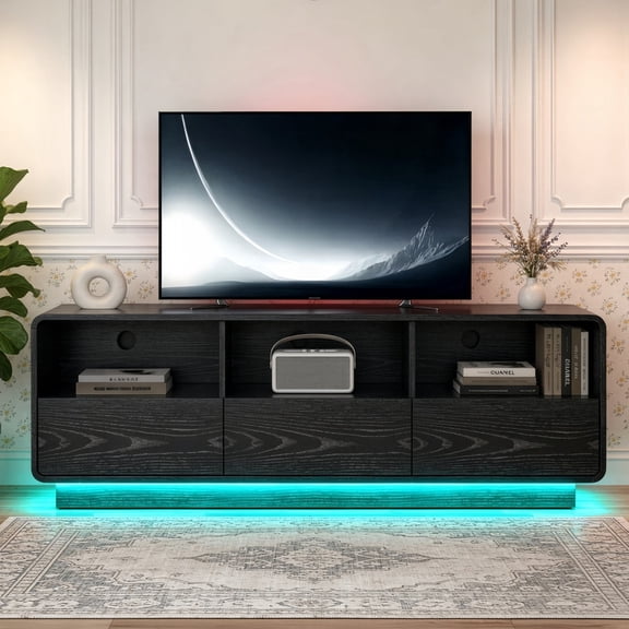 59" Wooden TV Stand Media Console with Handless Storage Drawers, Modern Entertainment Center with LED Lights & Cable Holes