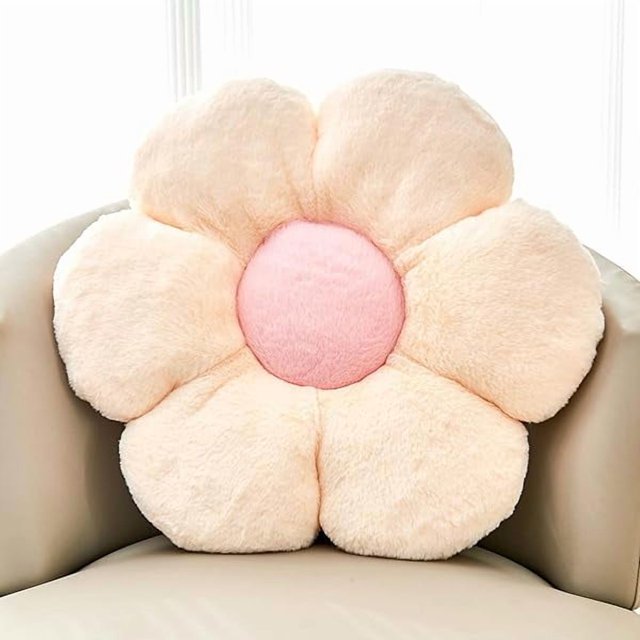 wonima44 Beige Flower Pillow, Cute Decorative Flower Shaped Throw Pillow with Faux Rabbit Fur, 19.6" Soft Flower Plush Throw Pillow Floor Pillows Room Décor for Bedroom Living Room
