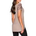 thumbnail image 3 of Nlife Women Sequin Patchwork Short Sleeve Crew Neck Asymmetric Hem Top, 3 of 6