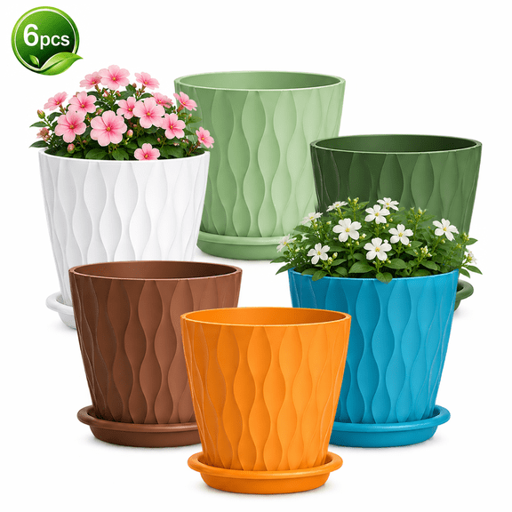 RYLZX 6 Pack Plant Pots, 4 Inch Indoor Flower Pots, Planters with Drainage Holes and Trays for Orchids, Violets, Succulents, Herbs, and Other Plants colorful