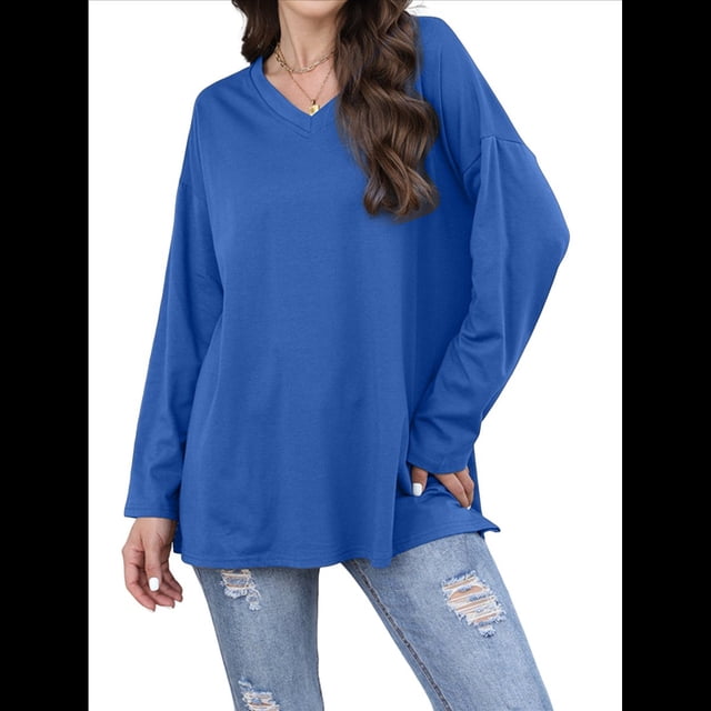 Blusas de Mujer de Larga con Cuello en V, Túnicas Casuales, Camisas Básicas, Blusas Holgadas Azul Real S