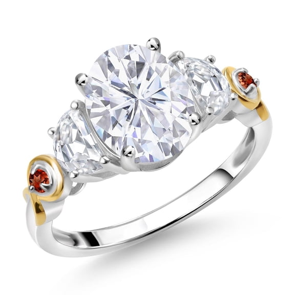 Gem Stone King 925 Silver and 10K Yellow Gold 3-Stone Ring Set with Moissanite (2.63 Cttw) (Size 7)