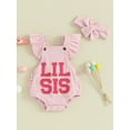thumbnail image 2 of Bslissey Baby Girls Summer Romper Fly Sleeve Embroidery Letter Jumpsuit Newborn Infant Cute Casual Bodysuit with Bow Headband 3M 6M 12M 18M, 2 of 9