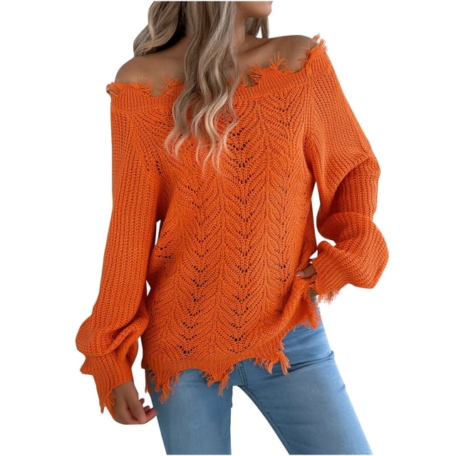 MIASHUI Women's Fall Winter Solid Color Hollow Out Long Sleeve Distressed Detail Off-Shoulder Pullover Sweater Orange,M