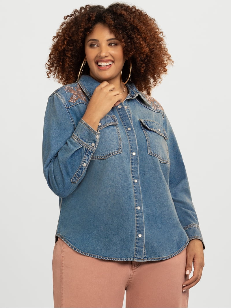 Jessica Simpson Women's Relaxed Denim Shirt with Long Sleeves
