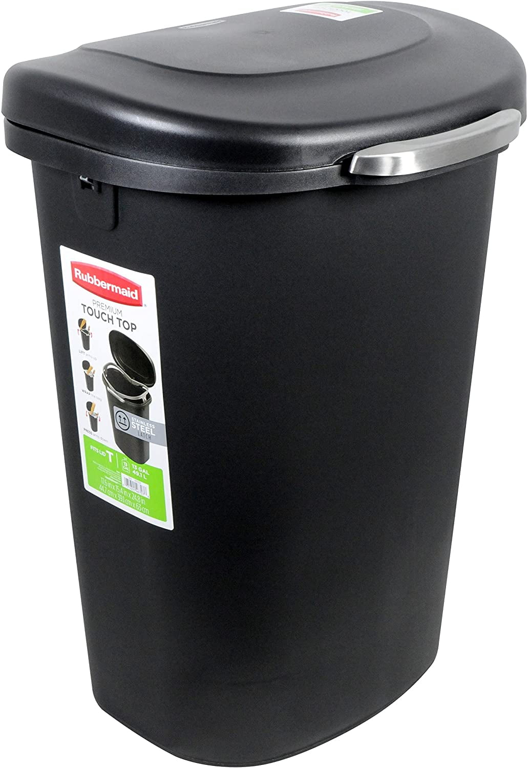 Rubbermaid TouchTop Wastebasket, 13Gallon, MetalAccent Black