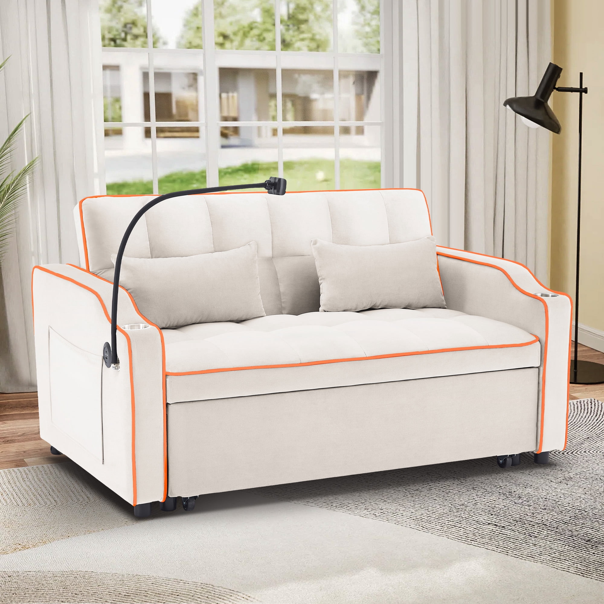 Aukfa Pull Out Sofa Bed, Convertible Loveseat Sleeper Sofa Couch with USB Port, Cup Holders and Swivel Phone Holder, Beige