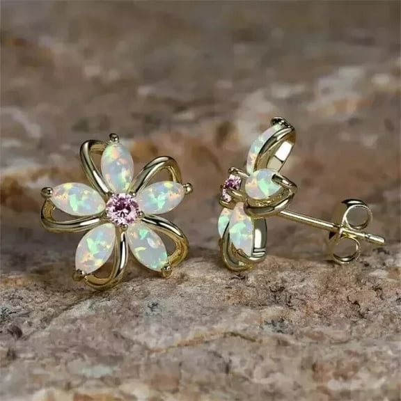 Sparkle Jewels Lab Created Marquise Cut Opal Flower Women Wedding Stud Earring 14K Yellow Gold Plated