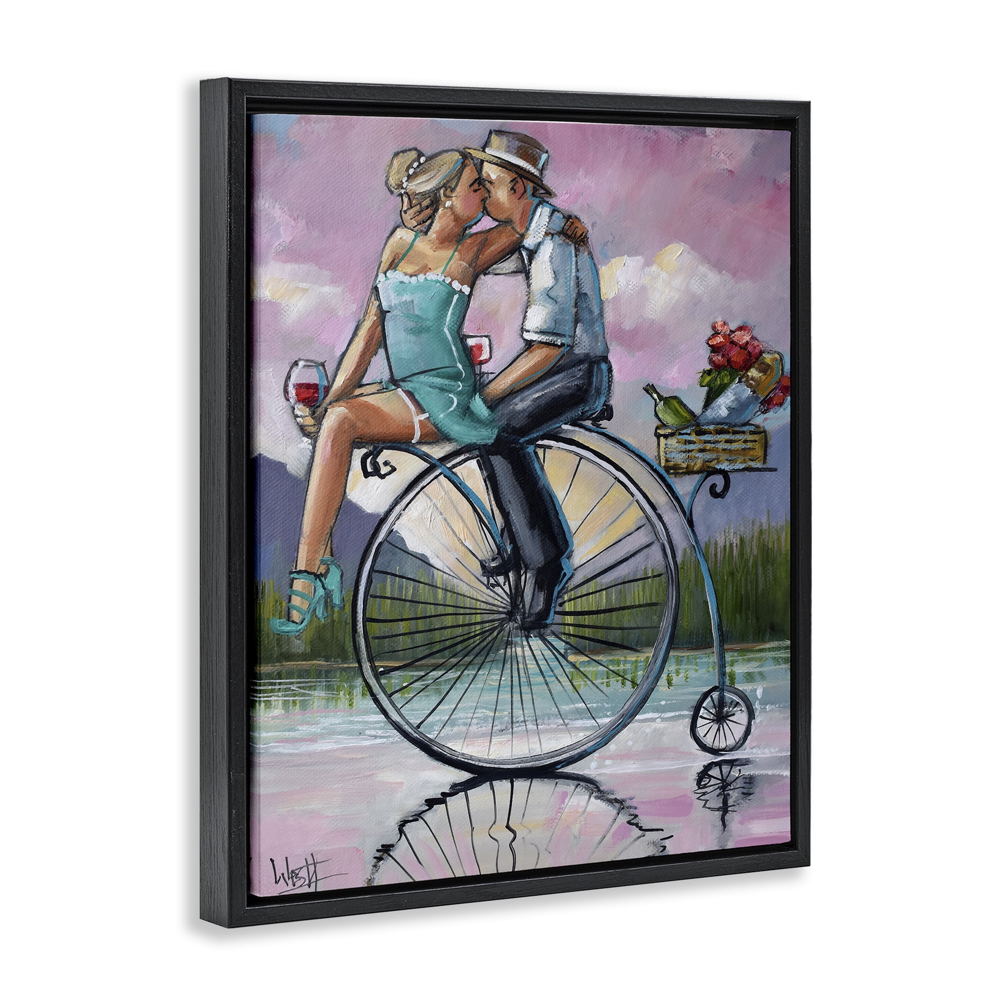Stupell Industries Romantic Picnic on Bicycle Black Framed Floater Canvas Wall Art, design by Ronald West