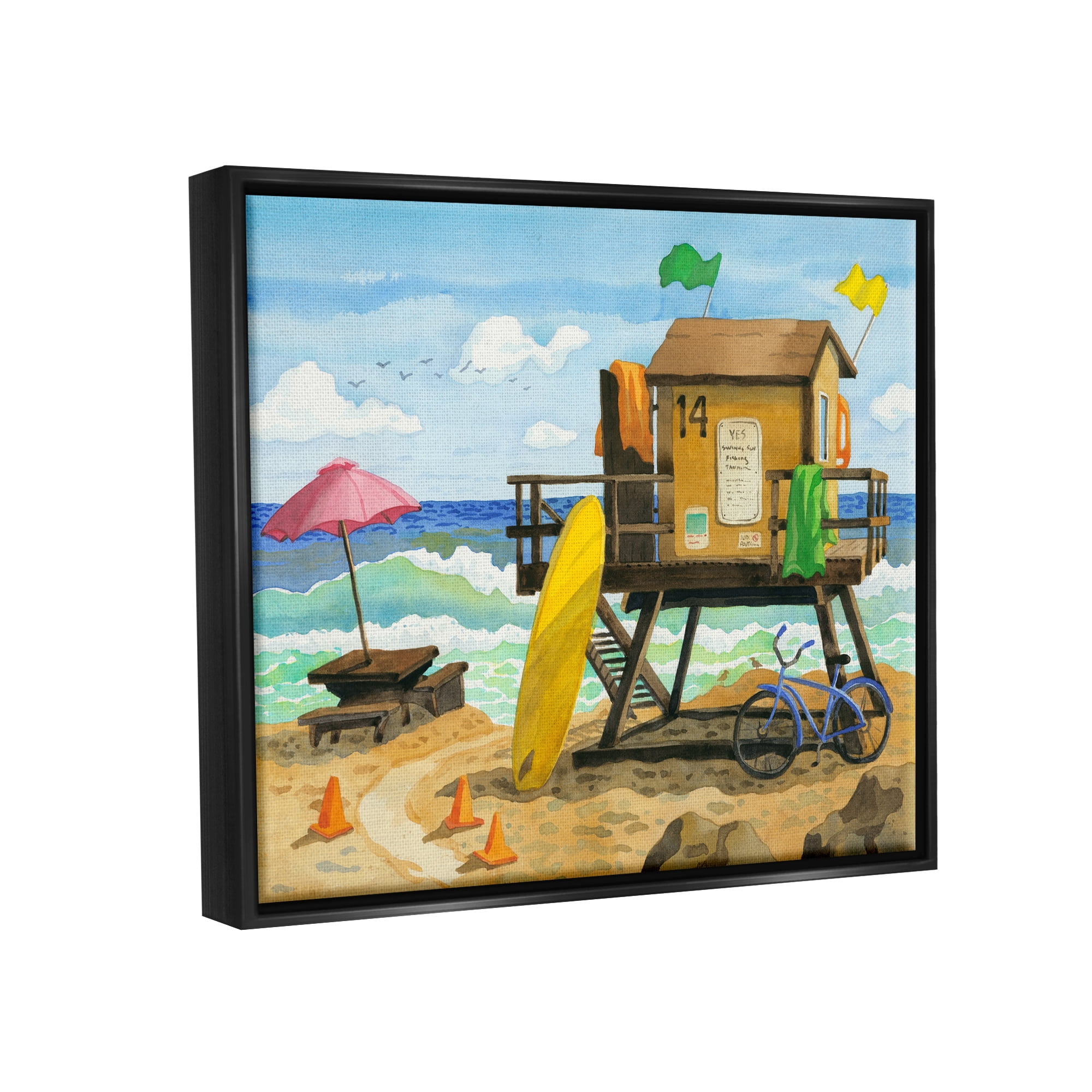 Stupell Industries Lifeguard Hut on Beach Nature Painting Black Floater Framed Art Print Wall Art, 21 x 17