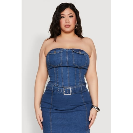 Rainbow Female Adult Plus Size Denim Pocket Corset Tube Top Sleeveless  Strapless  Tube Top  Cropped Hem  Cargo Pocket(s)  Smocked  Solid  Denim