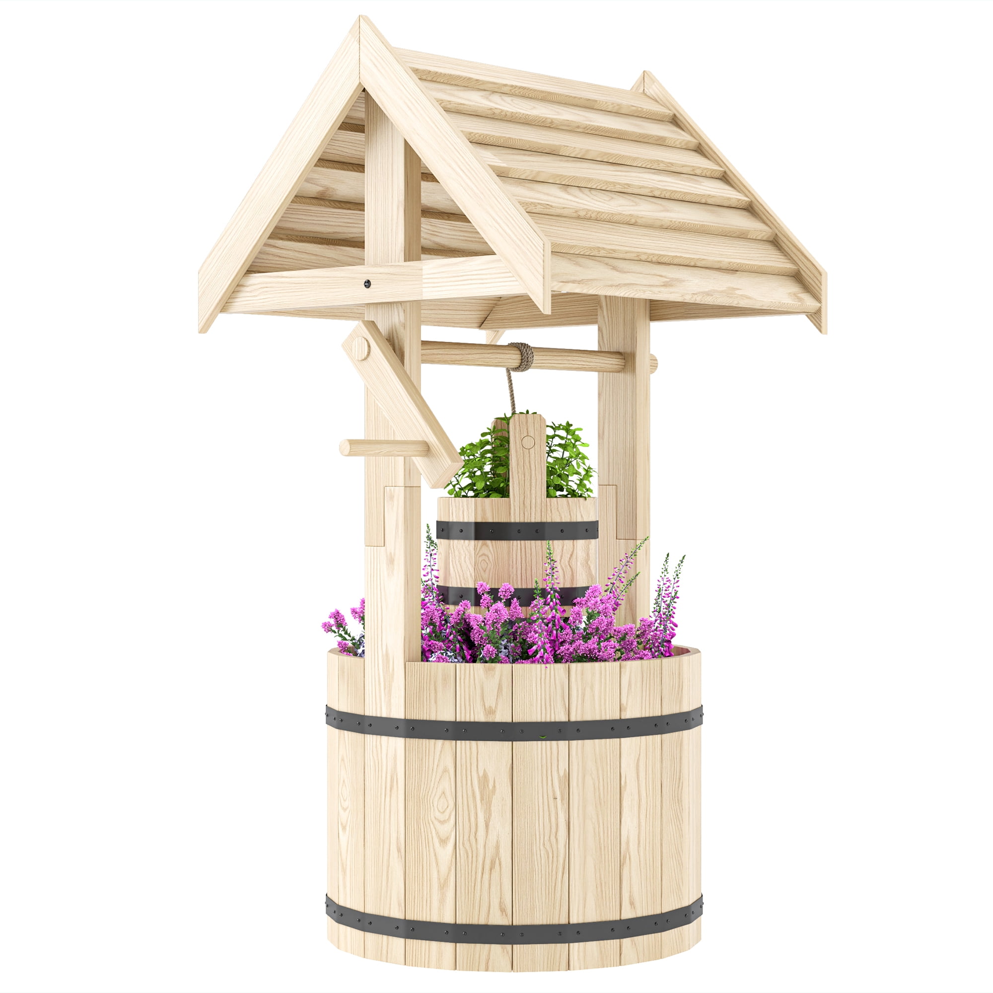 Outsunny Wishing Well for Outside, Wood Wishing Well Planter with Hanging Bucket, Decorative Planter with Drain Hole for Garden Patio, Natural