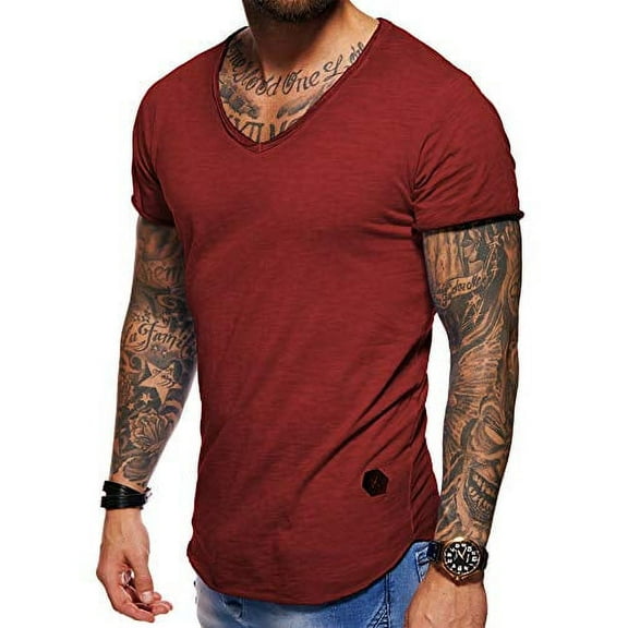 behype. Men's Basic V-Neck Casual Fashion Hipster T-Shirt Muscle Longline Tee Casual Premium Top D-1702 (XXX-Large, Red)
