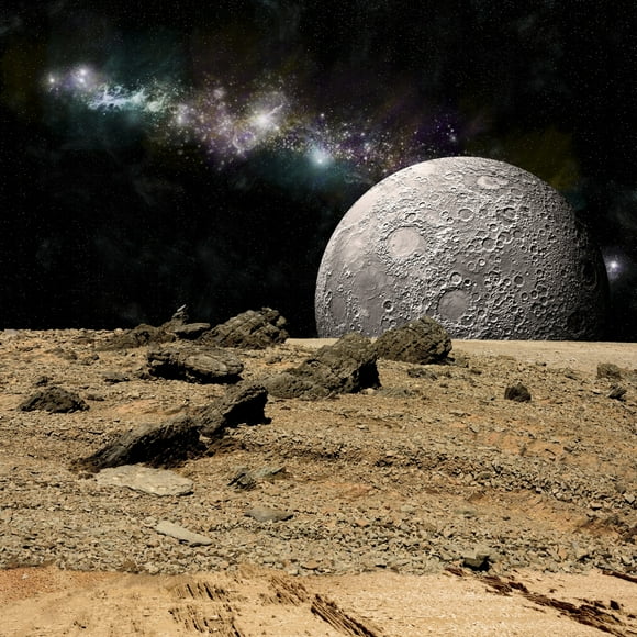An artist's depiction of the view from a rocky and barren alien world. A moon rises over the airless environment. Poster Print (14 x 14)